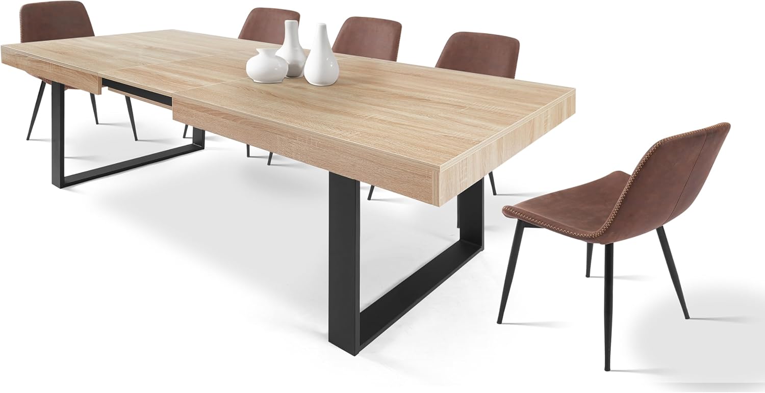 Table à Manger Extensible avec Rallonge - Grande Capacité - Style Industriel - Plateau de 160 à 200 cm - 6 à 8 Personnes - Pieds en métal - Salle à Manger, Cuisine - Bois Clair et Noir