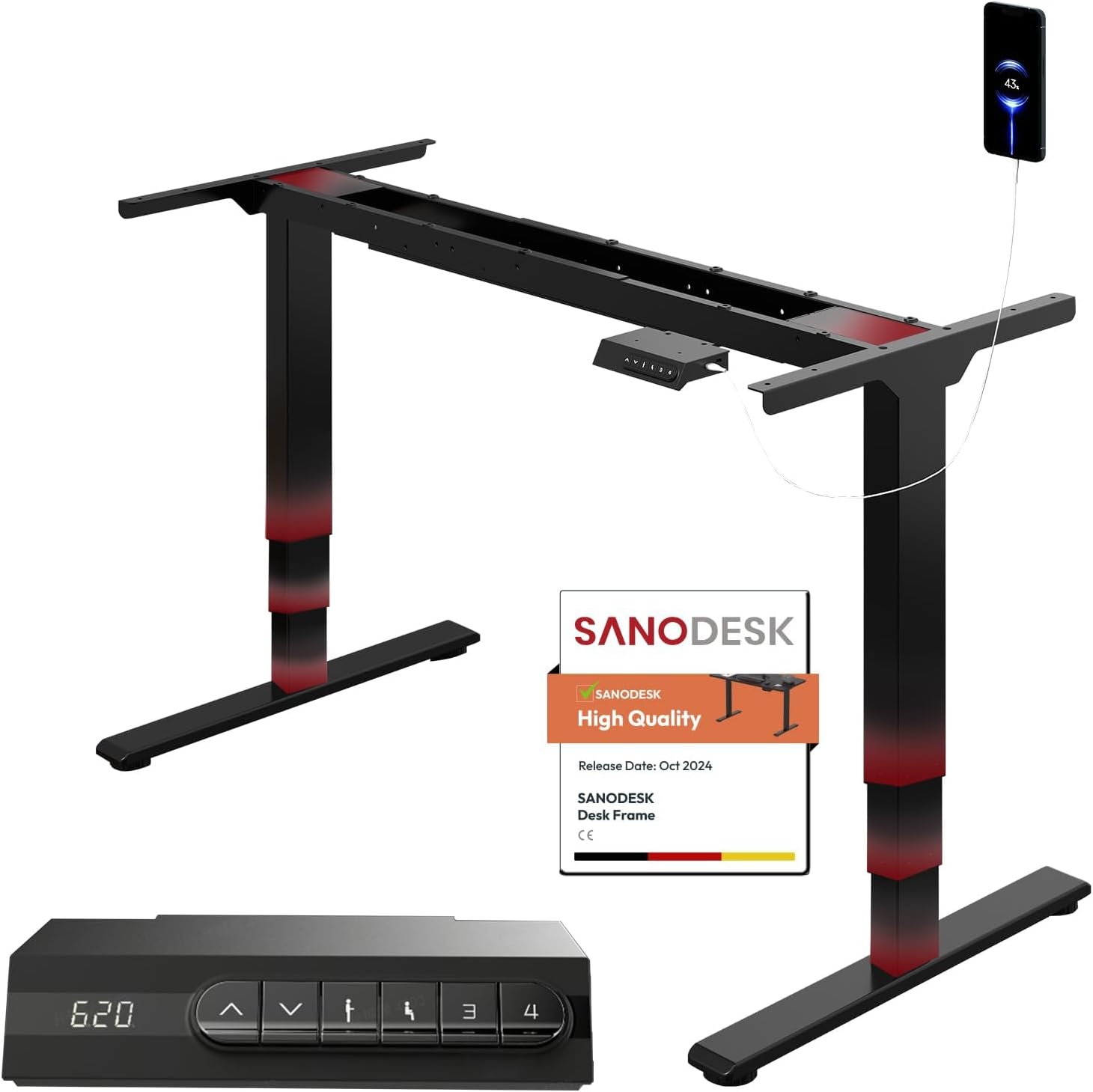 EC4 Bureau Assis Debout Électrique à 3 COLONNES avec Double Moteur Bureau Réglable en Hauteur avec 4 Commandes à Mémoire - Convient à Tous Les Plateaux de Table, Charge 100kg, Noir Cadre Normal/Clavier Normal Noir