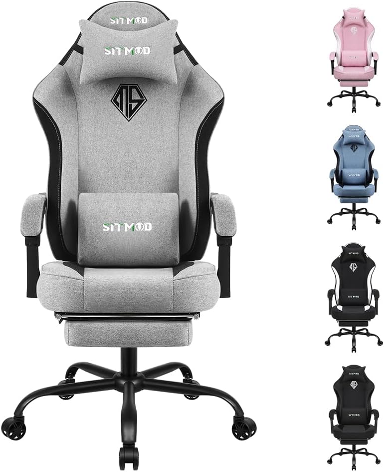 SITMOD Chaise Tissu pour Adultes, Fauteuil Gaming, Chaises d'ordinateur PC avec Repose-Pieds, Chaise Ergonomique de Jeu Vidéo, Dossier et Siège Réglables en Hauteur, Chaise de Travail Pivotante Gris