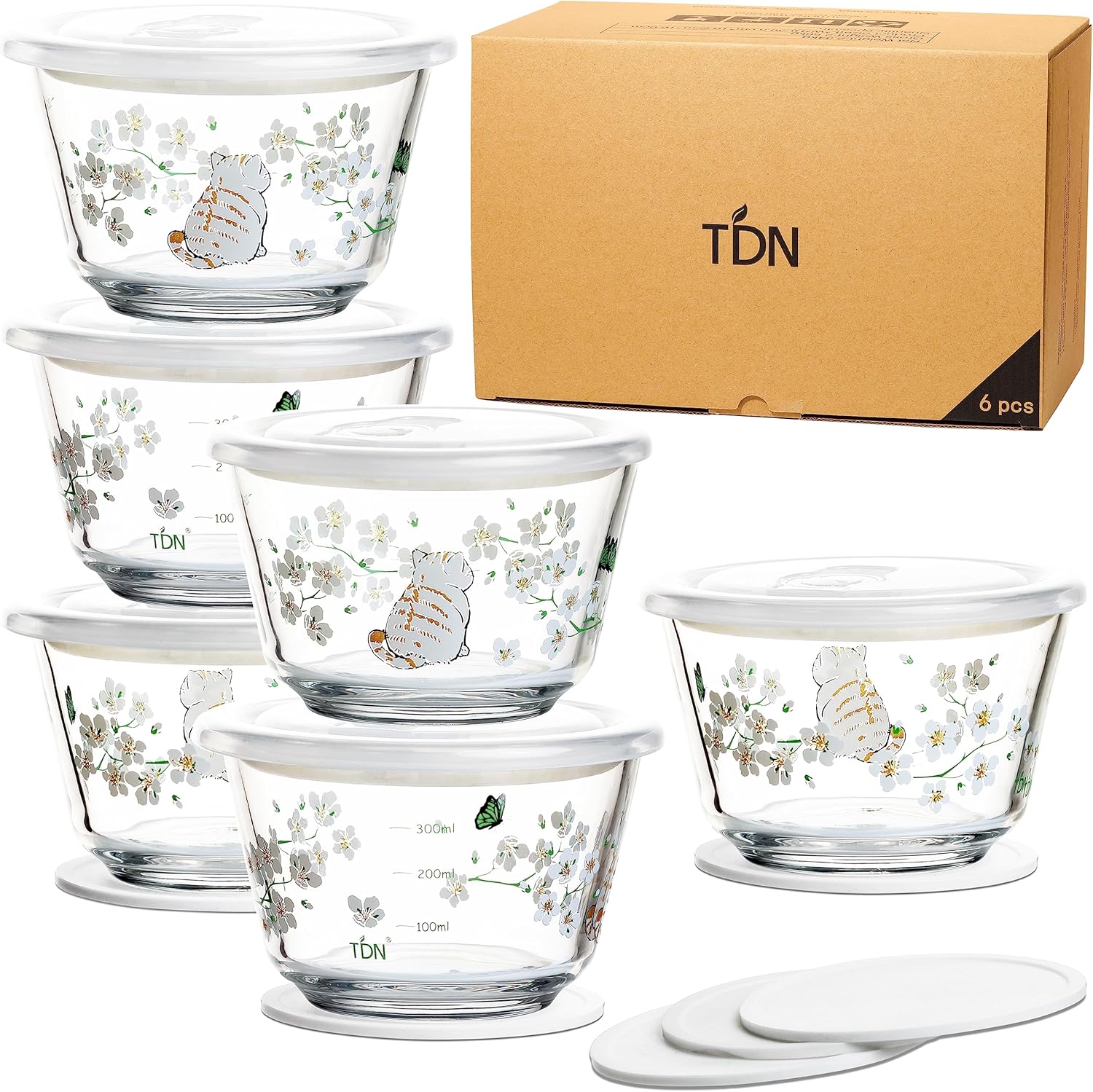 Boîte en Verre avec Couvercle -18 pièces (6 contenants 480ml+6 couvercles+6 sous-verres), Réutilisables, sans BPA, compatibles micro-ondes, congélateur et lave-vaisselle (Chat+Bégonia chat bégonia*6