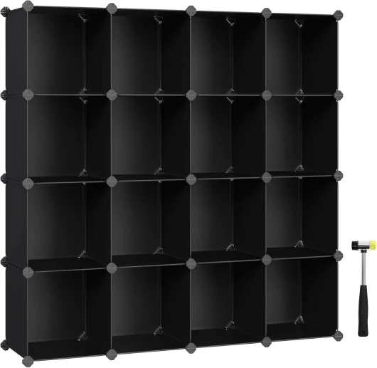 Meuble Rangement 16 Cubes, Organisateur Modulable, Étagère en Plastique, Séparateur de Placard, Rangement Chaussures, pour Chambre, Bureau, 31 x 153 x 153 cm, Noir LPC44BK 31P x 153L x 153H cm Noir