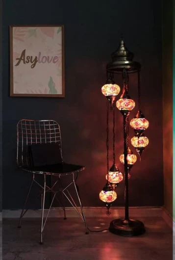 Lampe de sol turque faite à la main 7 ampoules Lampe orientale mosaïque multicolore