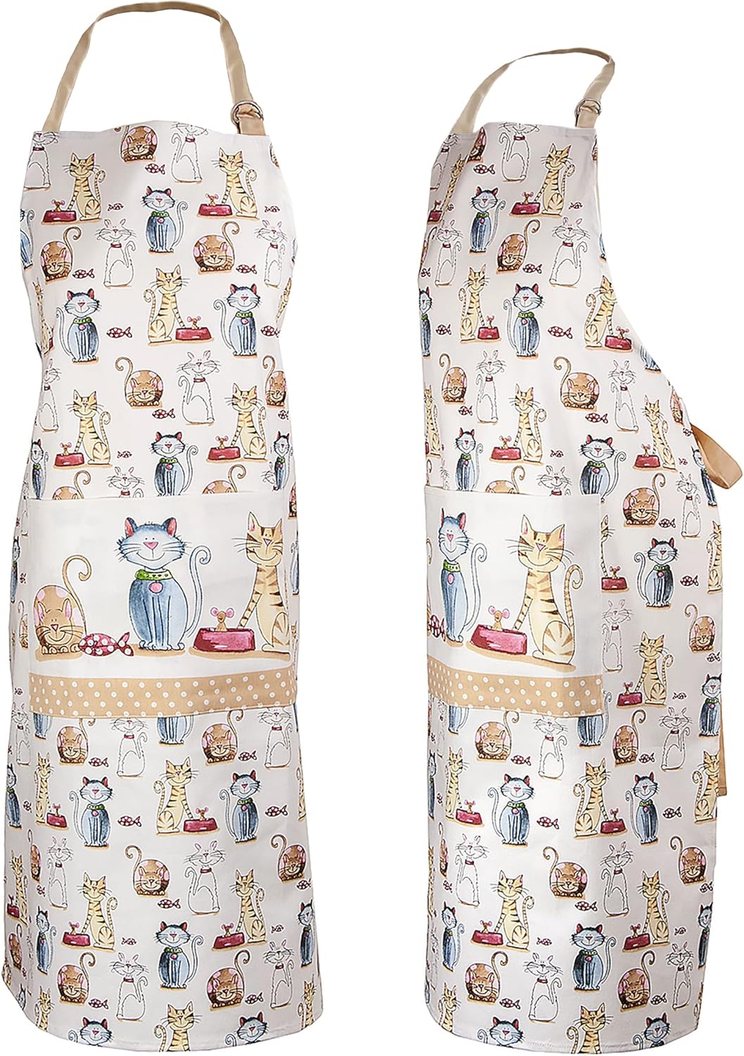 Tablier Cuisine avec Mignon Chat Imprimé pour Chef Cuisinier Femme Homme, 100% Coton, Réglable au Grand Poche, Idée Cadeaux pour les Amoureux des Chats 95x70cm