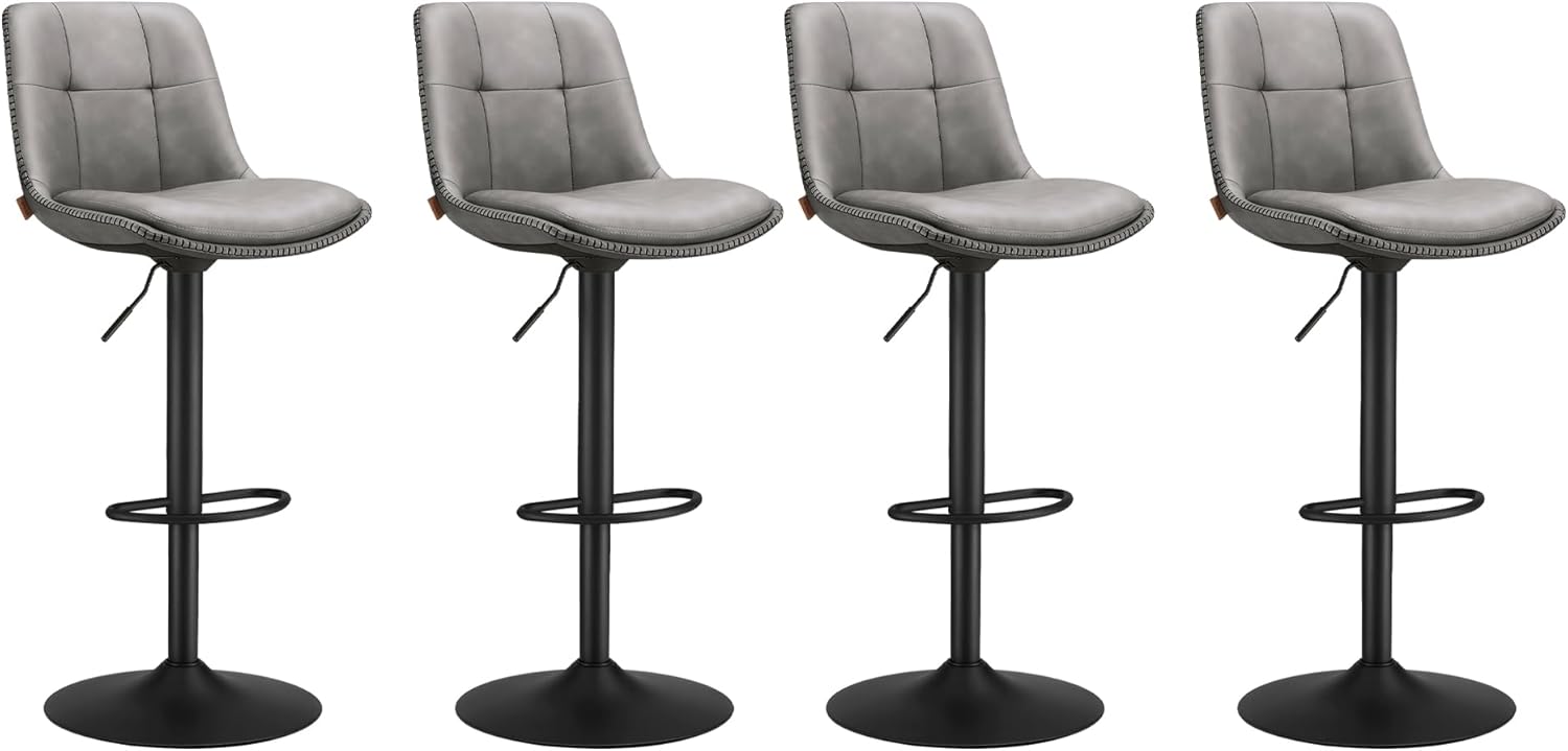 Tabourets de Bar, Lot de 4, Chaise de Cuisine, Siège Pivotant à Hauteur Réglable, Matelassé, en PU, avec Dossier et Repose-Pieds, Salle à Manger, Comptoir, Acier, Gris Tourterelle LJB295G01 Gris Tourterelle PU