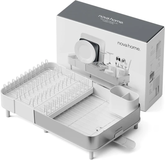 Égouttoir à Vaisselle Extensible Blanc - Égouttage Efficace au Design Moderne et Minimaliste - Acier Inoxydable Anti-Traces avec Bec de vidange orientable et Pieds Stables en Caoutchouc