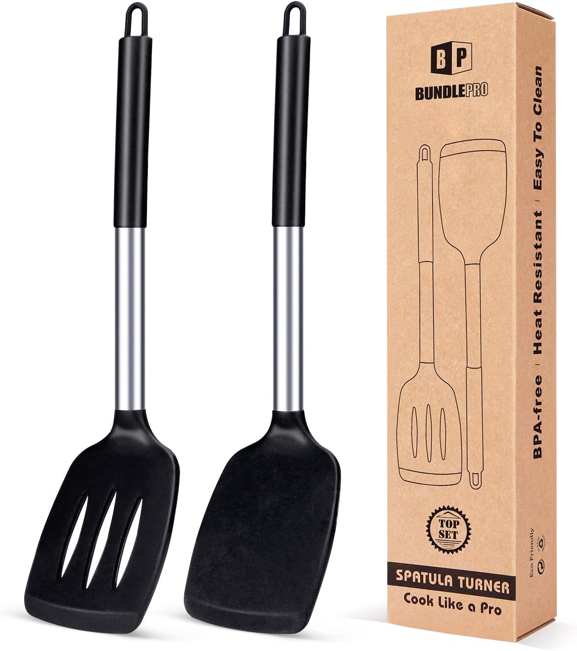 Lot de 2 spatules en silicone solides, spatules de cuisine fendues antiadhésives, ustensiles de cuisine sans BPA résistants à la chaleur élevée, ustensiles de cuisine Noir