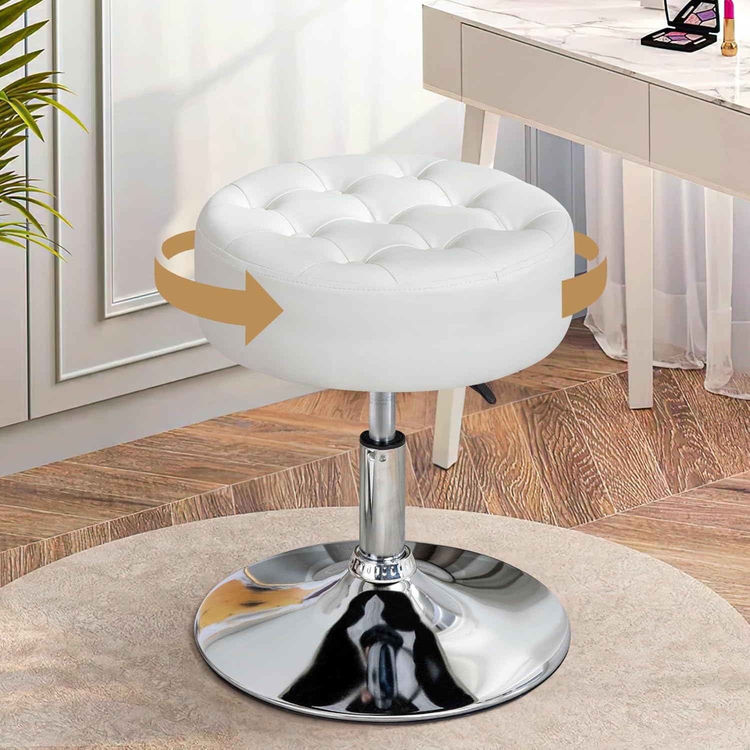 Tabouret de Coiffeuse, Tabouret de Maquillage, Tabouret Pivotant Réglable en Hauteur, Tabouret de Bar Rond Rembourré en Similicuir pour Chambre à Coucher Salon Salle à Manger, Blanc Lot de 1 Blanc