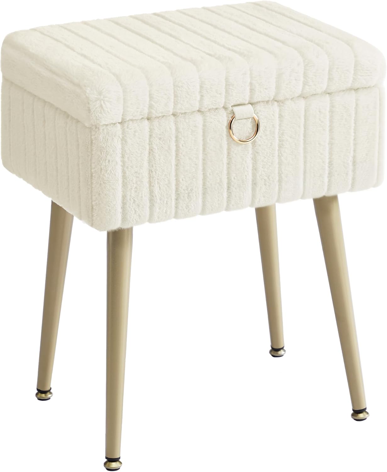 Tabouret de Coiffeuse, Tabouret avec Rangement, Repose-Pieds, Pieds en Métal, Rembourré, Pieds Réglables, pour Salon, Chambre, Dressing, Blanc Crème LOM505WZ02