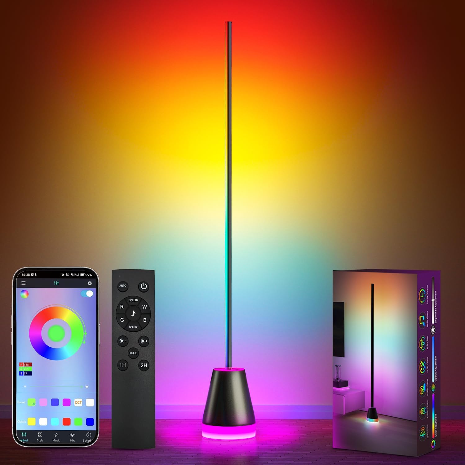 Keepsmile intelligente corner light,lampadaire sur pied salon avec APP et télécommande,sunset lamp avec synchronisation musicale et 16 millions de couleurs,lampadaire LED pour la chambre Noir Anthracite