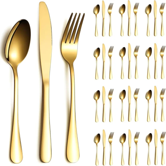 ReaNea Ensemble de couverts en or 36 pièces Service pour 12, couteaux en acier inoxydable cuillère fourchettes ensemble pour mariage, fêtes, événements, maison, cadeau pour Thanksgiving A - 36pcs