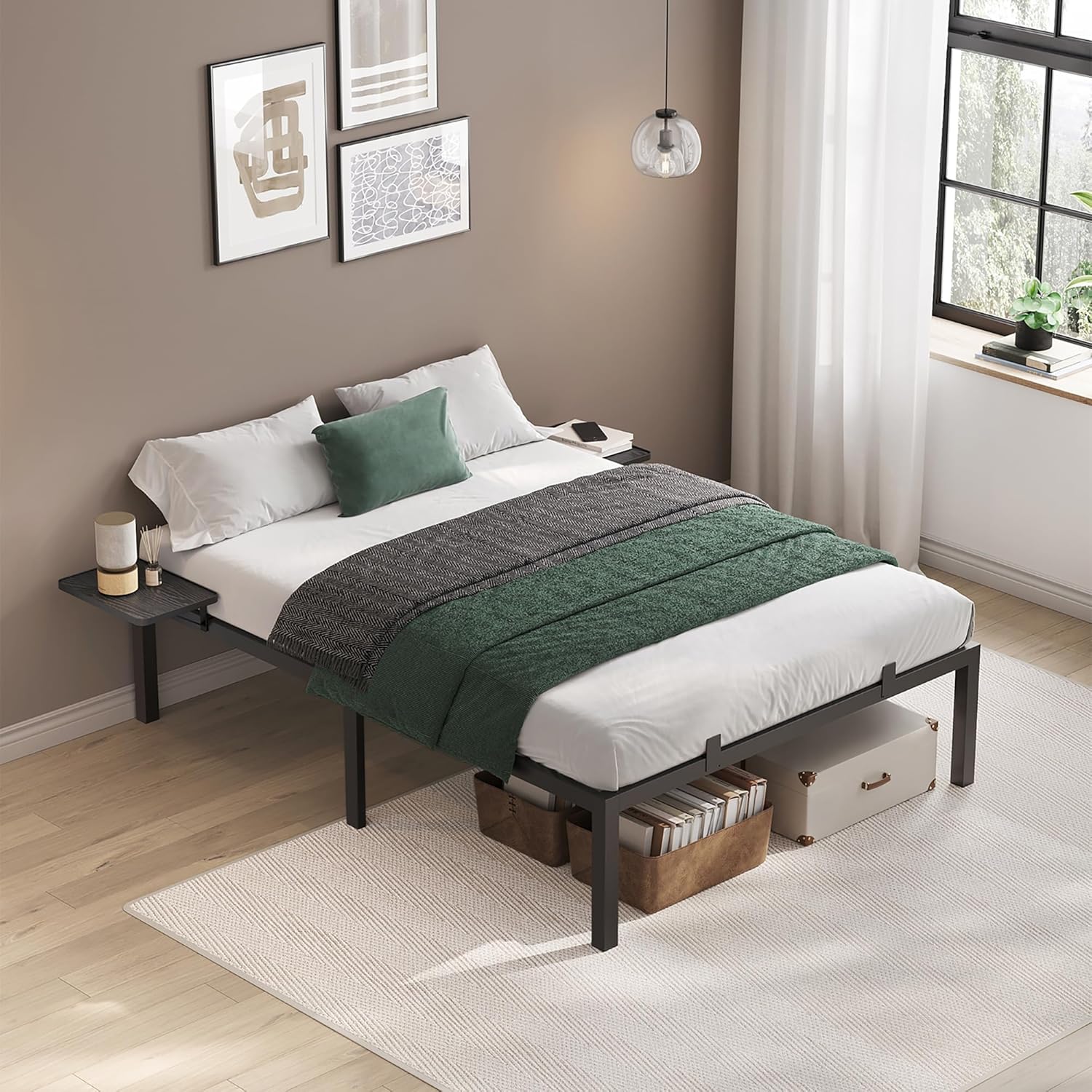 Cadre de Lit 190 x 140 avec Sommier Métal, Cadre en Métal avec Étagères de Rangement, Tête de Lit, pour Adolescents, Montage Facile, Noir Classique RMB093B01 140l x 190L cm sans tête de lit