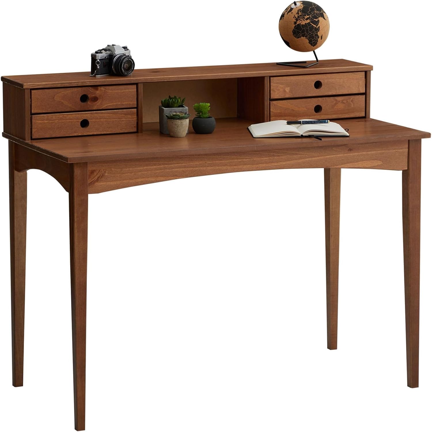 Bureau secrétaire Milano en pin Massif avec 4 tiroirs et 1 Niche, Bois lasuré Brun foncé Châtaigner