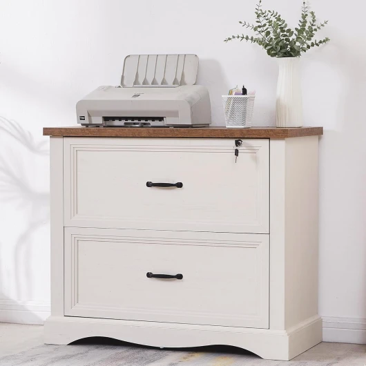 Caisson de Bureau Vintage en Bois à 2 Tiroirs, 80cm Caisson de Classement, Armoire de Bureau à Tiroirs avec Tiroir Supérieur Verrouillable pour Bureau à Domicile, Compatible Formats Lettre/Légal/A4 One Color