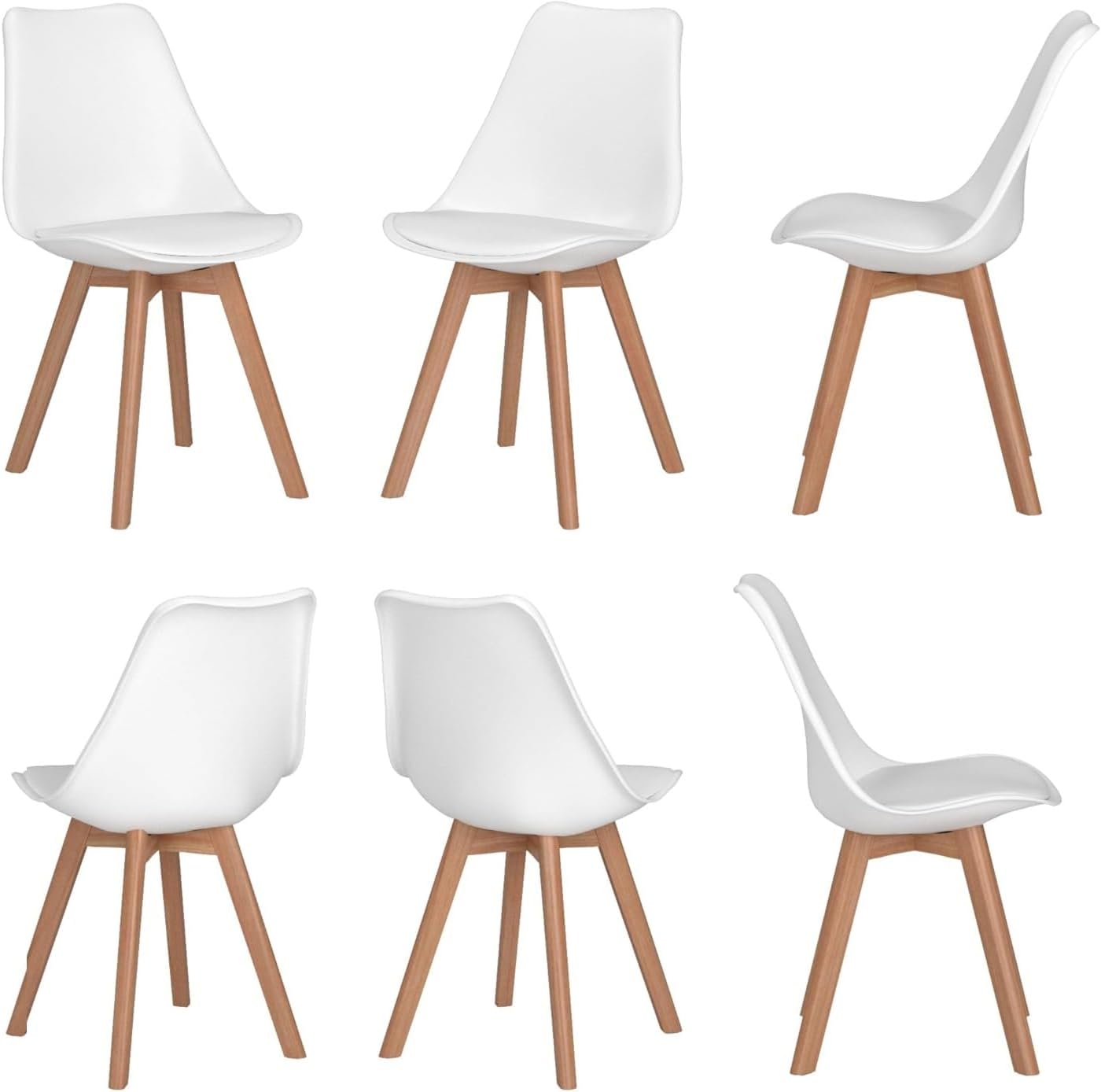 Sinlikon Lot de 6 chaises scandinaves, ergonomiques, avec pieds en bois massif et coussin en mousse souple, blanc Blanc, Lot de 6
