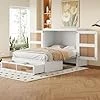 PUGSDRLY Lit Escamotable 140x200cm,Lit Pliant 2 Personnes avec 2 Tiroirs de Rangement,d'appoint,Mural,Cadre en Bois pour Adulte Adolescent Enfant,Design Rotin,sans Matelas (Blanc)
