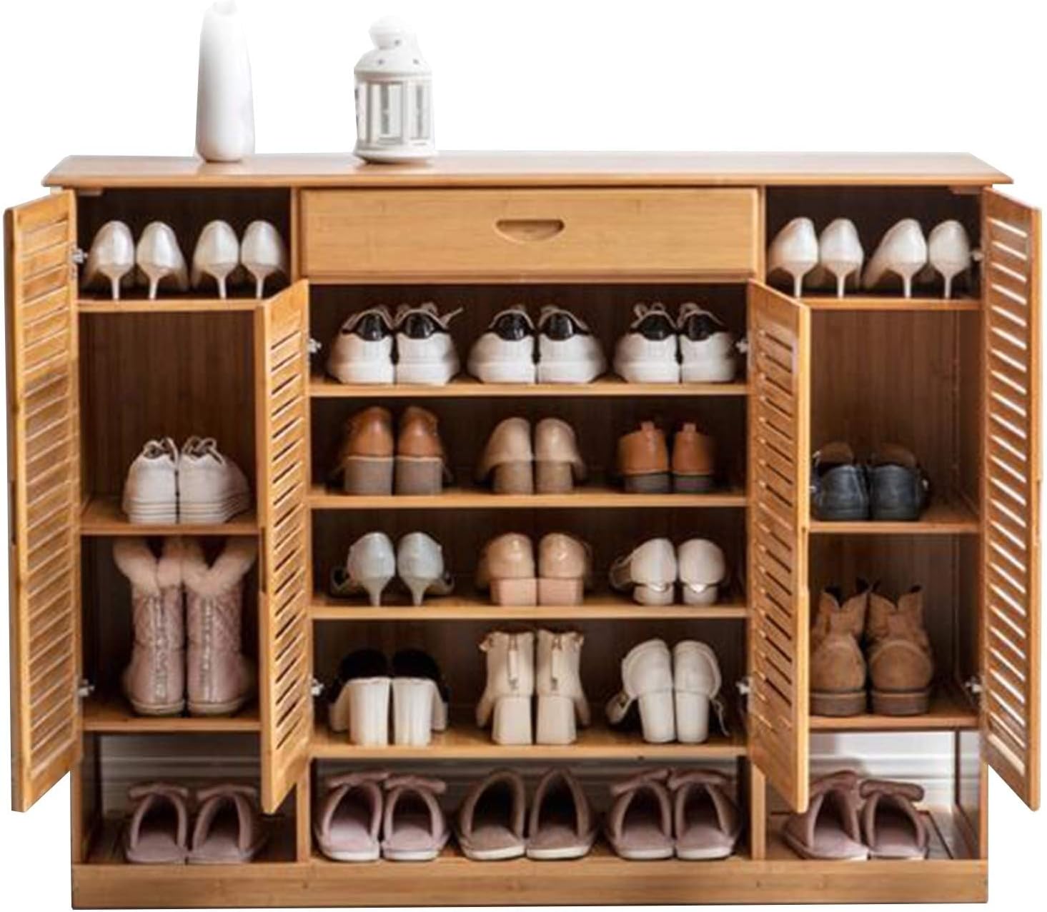 ZYJIX étagère à Chaussures Japonaise Extra Large en Bambou avec Tiroirs, Armoire à Chaussures à 4 Portes pour Salon, Jusqu'à 32 Paires