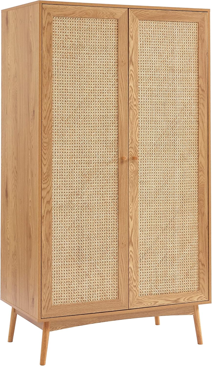 Armoire INES Effet chêne et cannage rotin 2 Portes