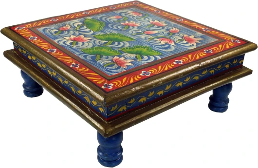 Guru-Shop Petite Table Peinte, Mini Table, Banc Fleuri - Nénuphar Bleu/rouge, Bleu, 16x38x38 cm, Tables Basses Tables de sol