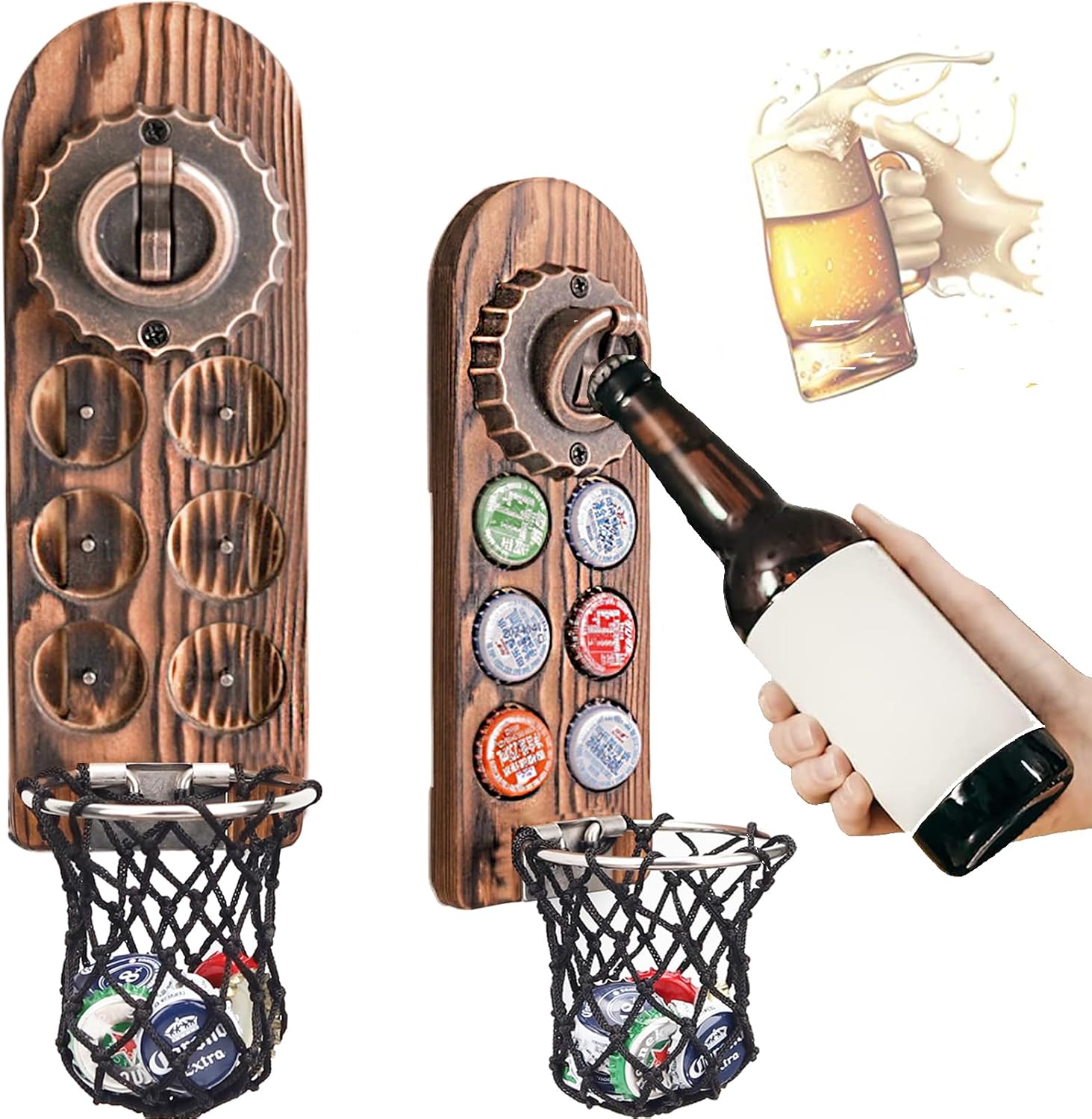 Magnétique Ouvre Bouteille Mural en Bois, Decapsuleur Mural Biere Vintage, Décapsuleur Original avec Cap Catcher, Accessoire Bar Exterieur, Biere Cadeau Homme pour Papa, Amie et Collègue (Style 6)