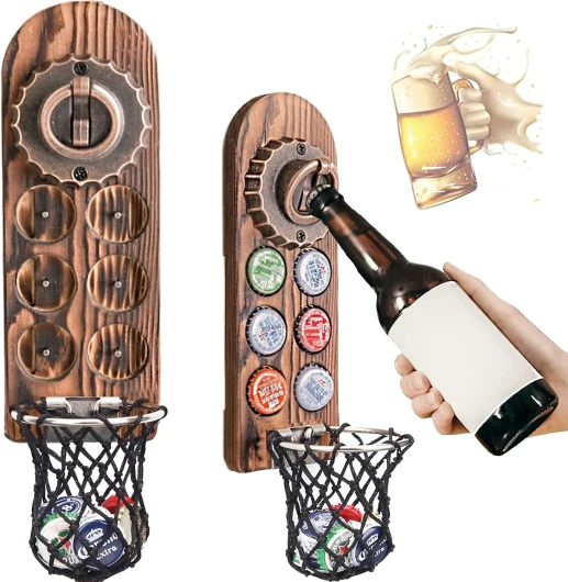 Magnétique Ouvre Bouteille Mural en Bois, Decapsuleur Mural Biere Vintage, Décapsuleur Original avec Cap Catcher, Accessoire Bar Exterieur, Biere Cadeau Homme pour Papa, Amie et Collègue (Style 6)