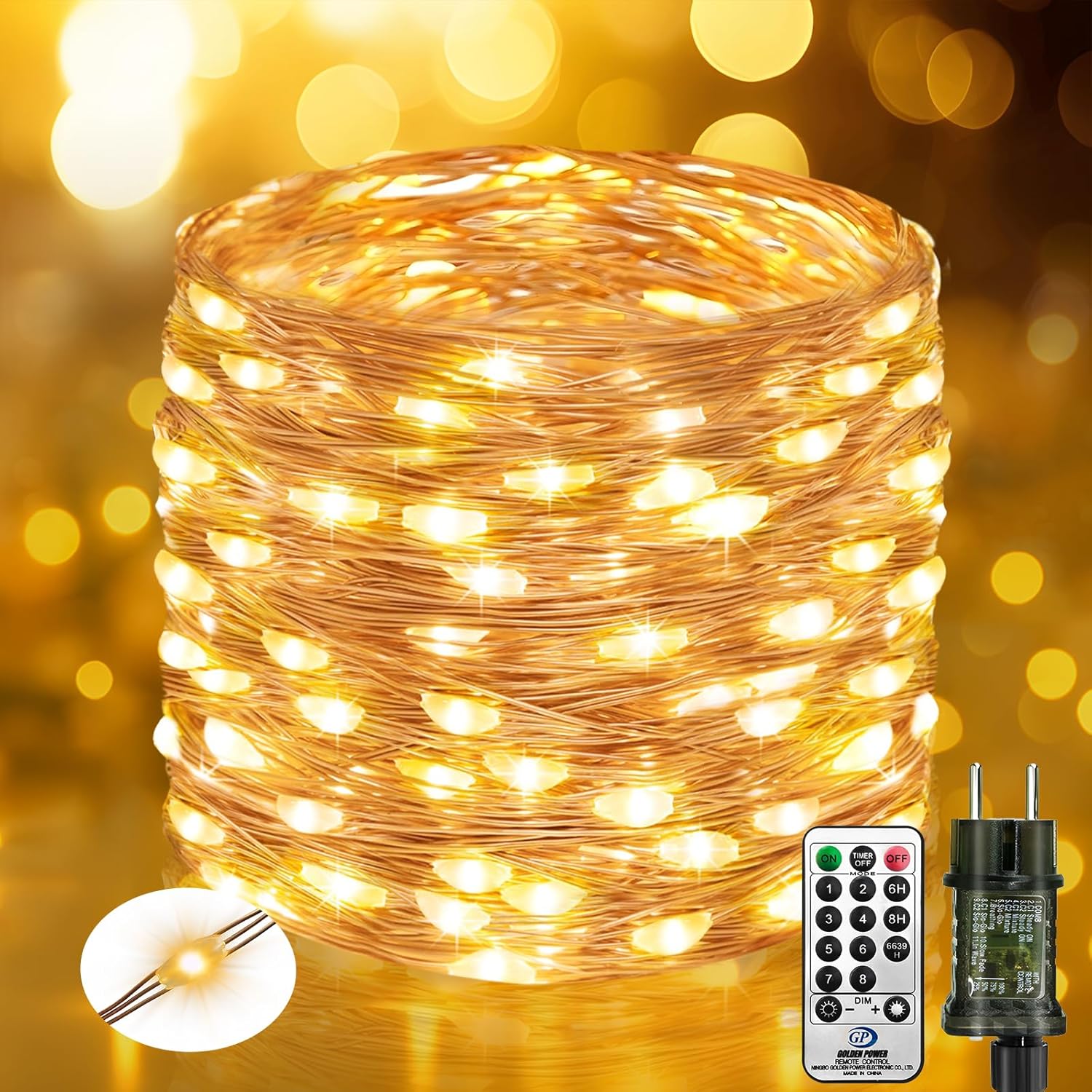 Guirlande Lumineuse Exterieure avec Télécommande, 10M 100 LED Guirlande Intérieur avec Minuterie IP65 Étanche, 8 Modes Cuivre Fil Fairy Lights pour Chambre Noel Mariage Fête, Blanc Chaud Blanc Chaud 10M avec Télécommande