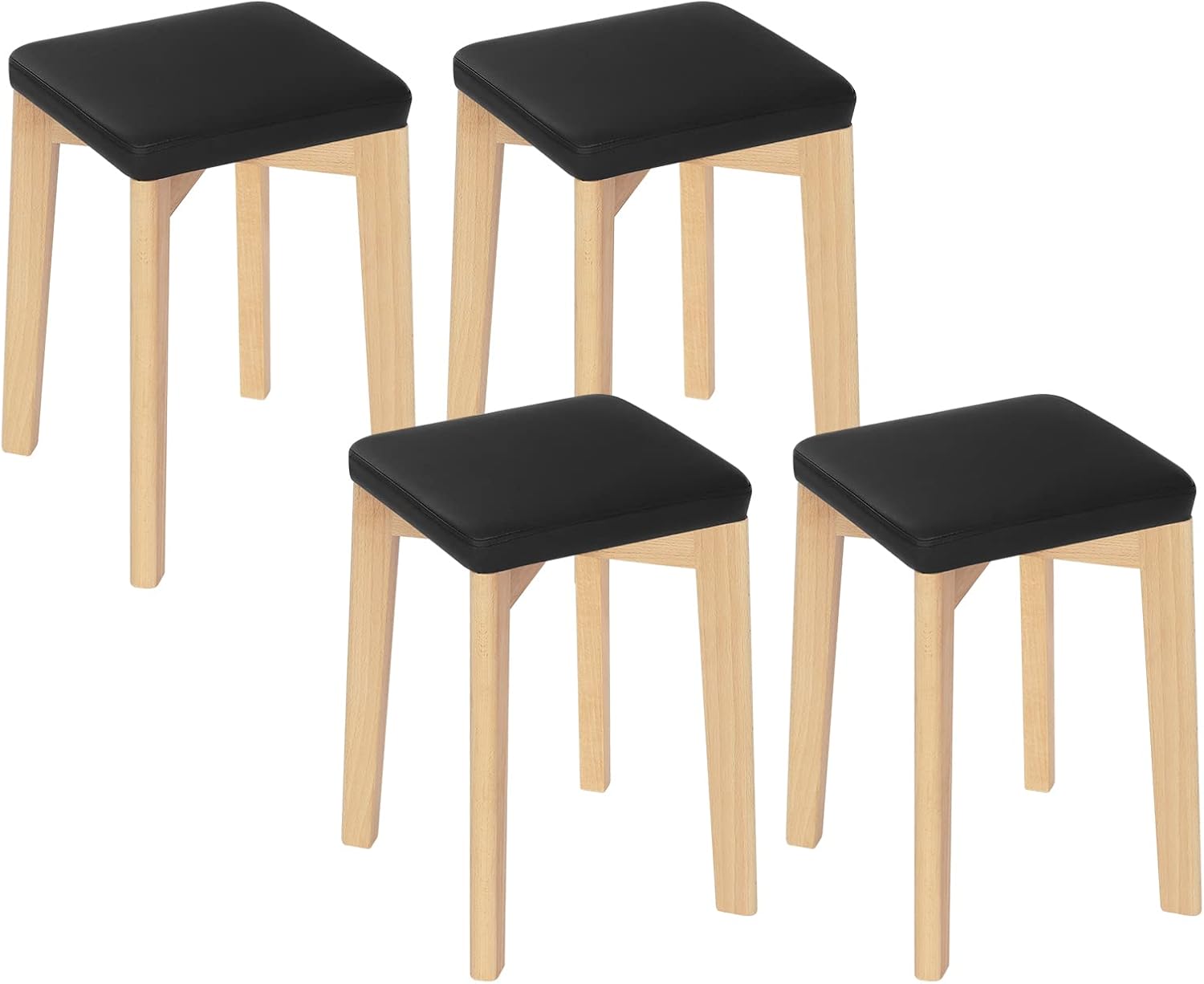 Tabouret de Salle à Manger, Tabouret en Bois Massif avec Siège Rembourré d’Éponge et Recouvert de PU, Moderne et Compacte, 32,5x32,5x47cm, Couleur Bois et Noir BH345sz-4 4 Pièces