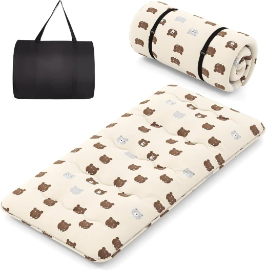 Matelas Futon Portable Pliable, Matelas Futon Japonais 90 x 200 cm, Housse Lavable, Matelas de Sol avec Sac de Transport, pour Le Camping, Les Voyages, d'Invités, Beige - Petit Ours L - 90 x 200 cm Beige - Petit Ours