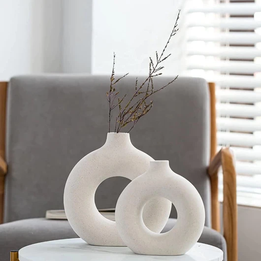 Vase Décoratif en Céramique - Lot de 2 Forme Ronde d'Art Moderne, Design Blanc pour Salon, Chambre à Coucher, Mariage, Table Décoration Blanc klein und mittelgroß