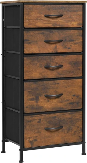 Commode, Meuble de Rangement, avec 5 Tiroirs en Tissu, en MDF Cadre en métal, Marron Rustique, Style Industriel Vintage, SSK004hov Marron Rustique 1