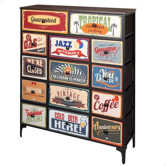 AKTIVE Max Home Commode de Chambre à Coucher Polyvalente, Graphisme Rétro et Vintage, 14 Tiroirs en Tissu Léger, 103X30X119 cm, Structure en Acier, Dessus en Bois, Tables de Chevet