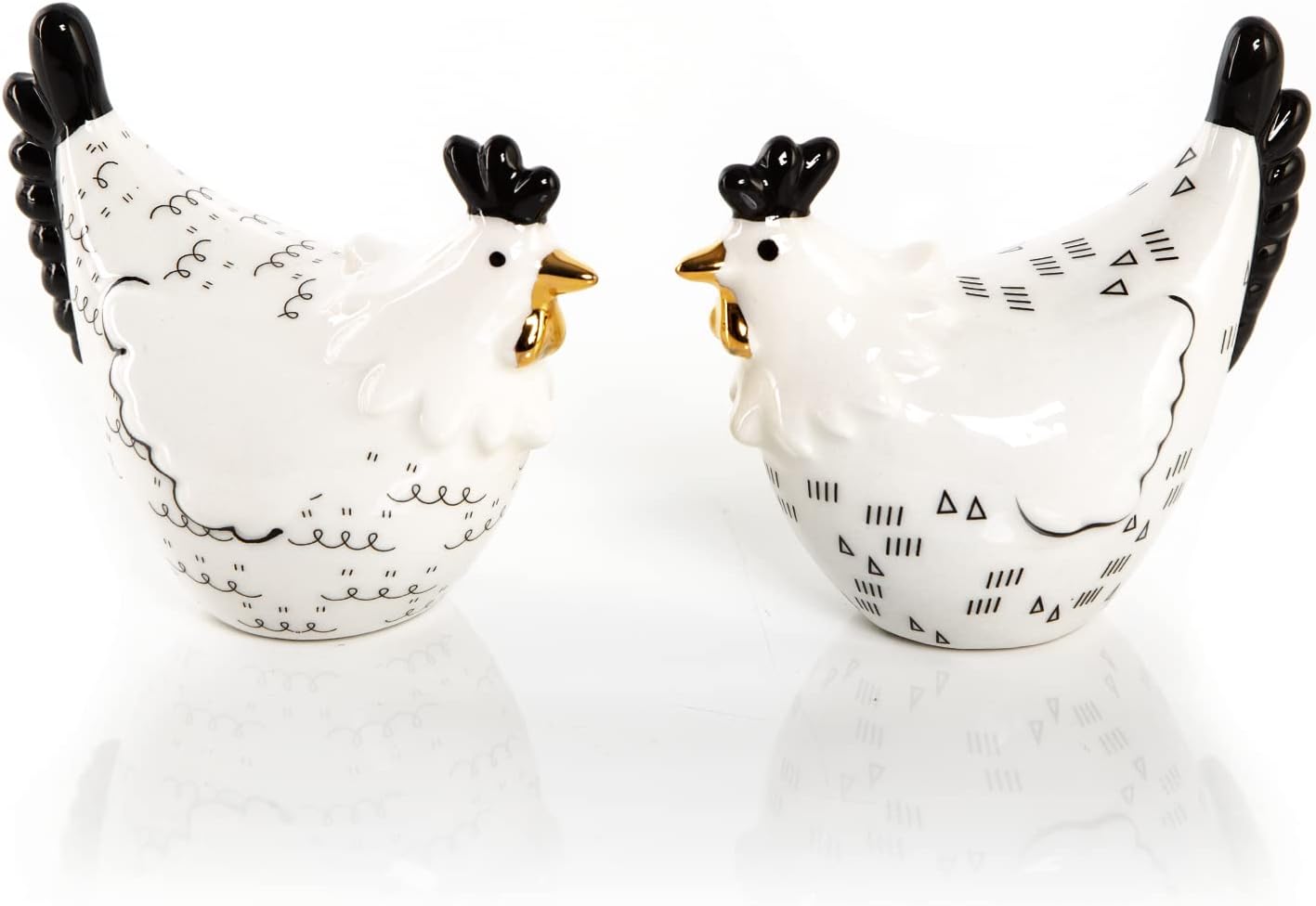 Figurines Poules de Pâques, Set de 2: Coq et Poule en Noir, Blanc et Or, Décoration Moderne de Pâques en Céramique, Décorations pour Table, Commode et Fenêtre, Intérieur, Idéal comme Cadeau, 9 x 8 cm Noir/Blanc Lot de 2