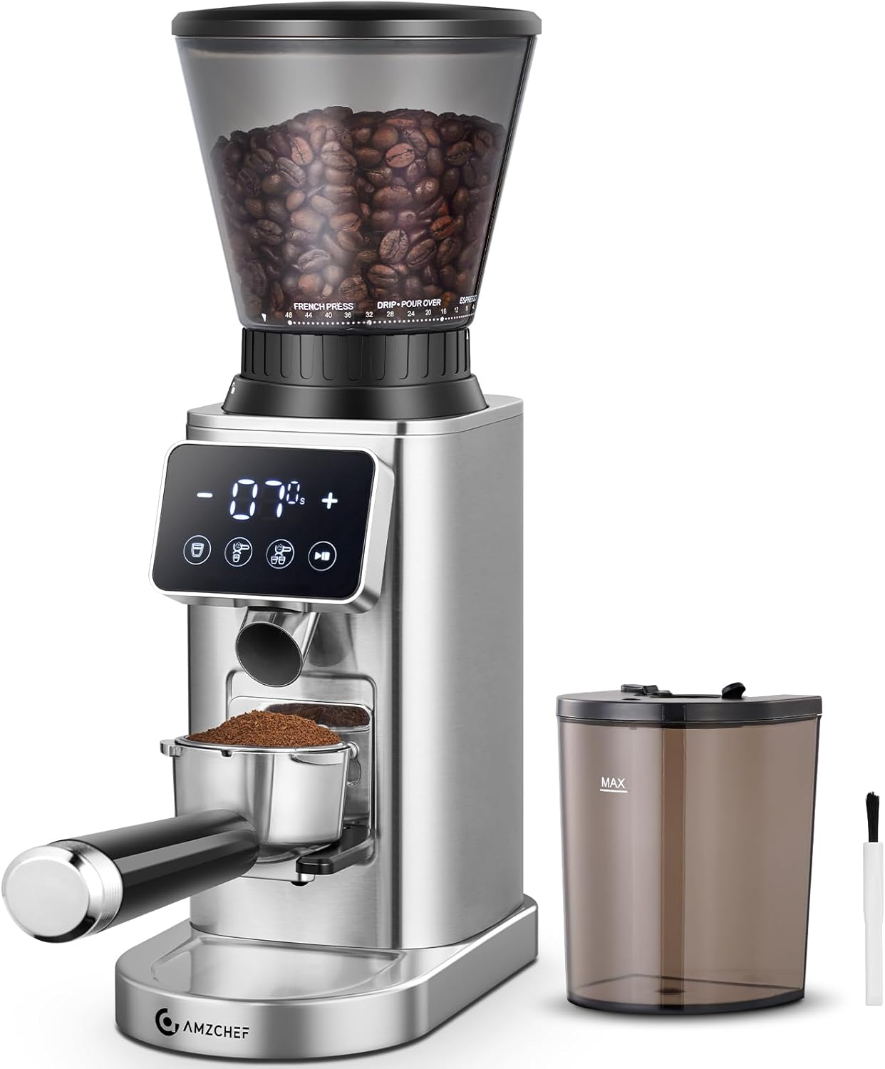 AMZCHEF Moulin A Café Électrique Avec Support Amovible Et Récipient - Écran Tactile LCD - 24 Réglages Précis - Moulin A Cafe Grain Pour Espresso/Filtre/Bec Verseur/Infusion A Froid/Cafetière A Piston Argent