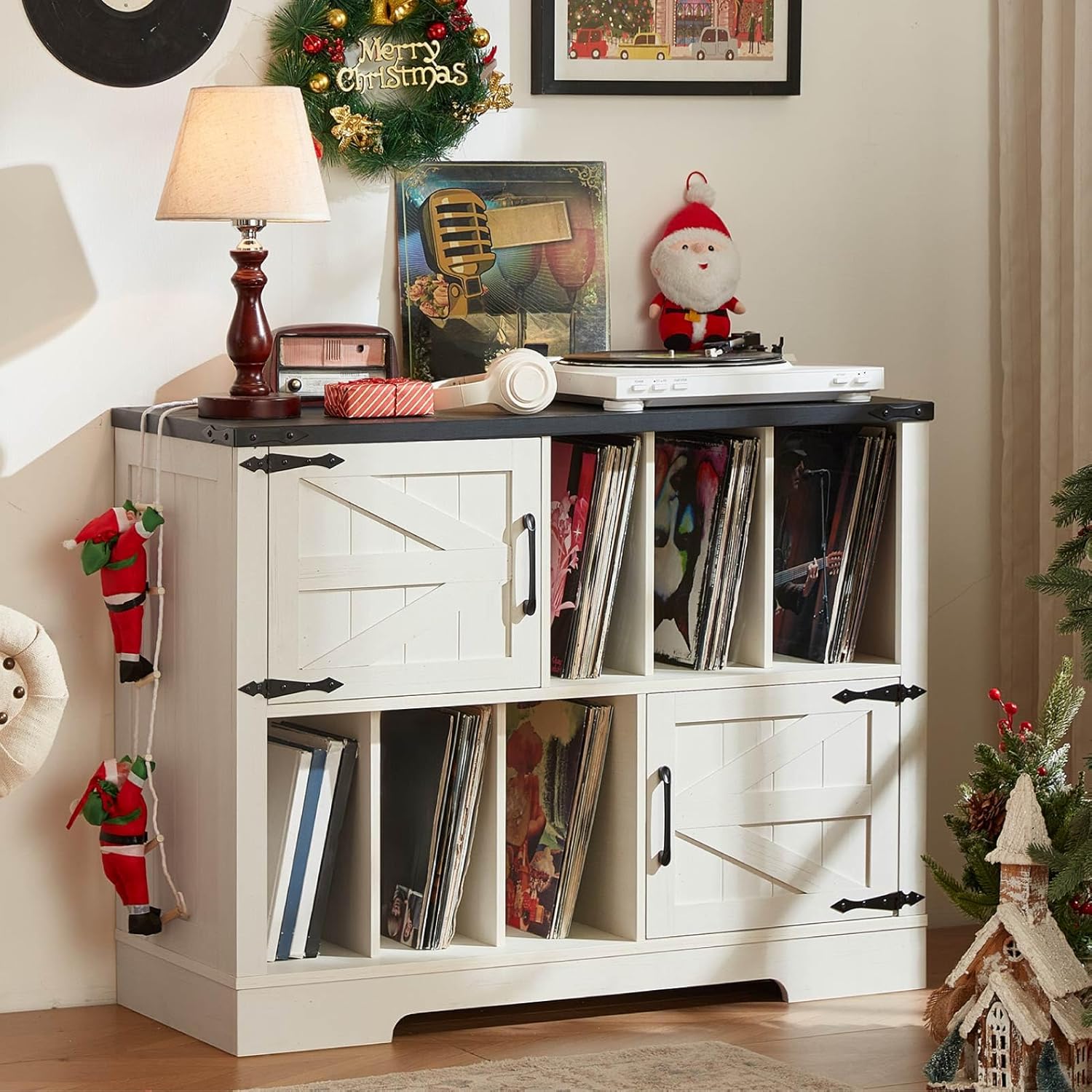 LELELINKY Meuble Tourne-Disques Vintage En Bois De Ferme Avec Rangement Intégré Pour 1m De Vinyles, Portes Style Grange Et Design Mid-Century - Parfait Pour Votre Salon Blanc
