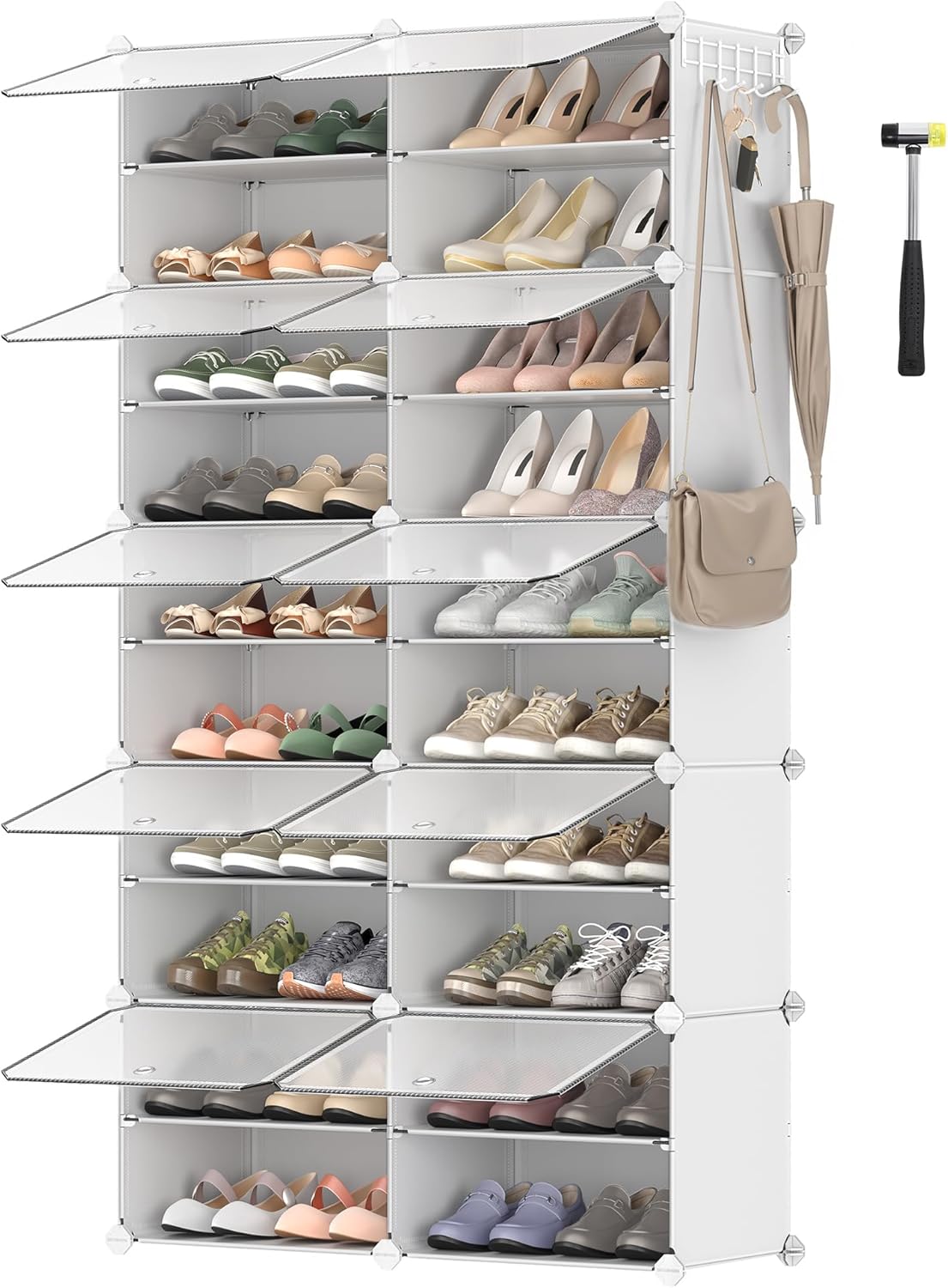 Étagère à Chaussures 10 Compartiments, Étagère de Rangement Modulable, Compartiment de 30 x 40 x 30 cm, Porte, Cadre en Acier, Plastique, pour Couloir, Chambre, Entrée, Blanc LPC035W01 10 Compartiments Blanc