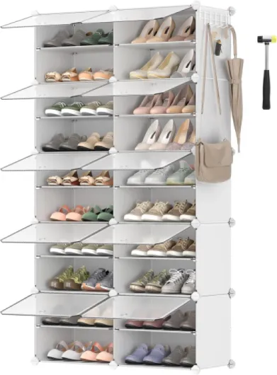 Étagère à Chaussures 10 Compartiments, Étagère de Rangement Modulable, Compartiment de 30 x 40 x 30 cm, Porte, Cadre en Acier, Plastique, pour Couloir, Chambre, Entrée, Blanc LPC035W01 10 Compartiments Blanc
