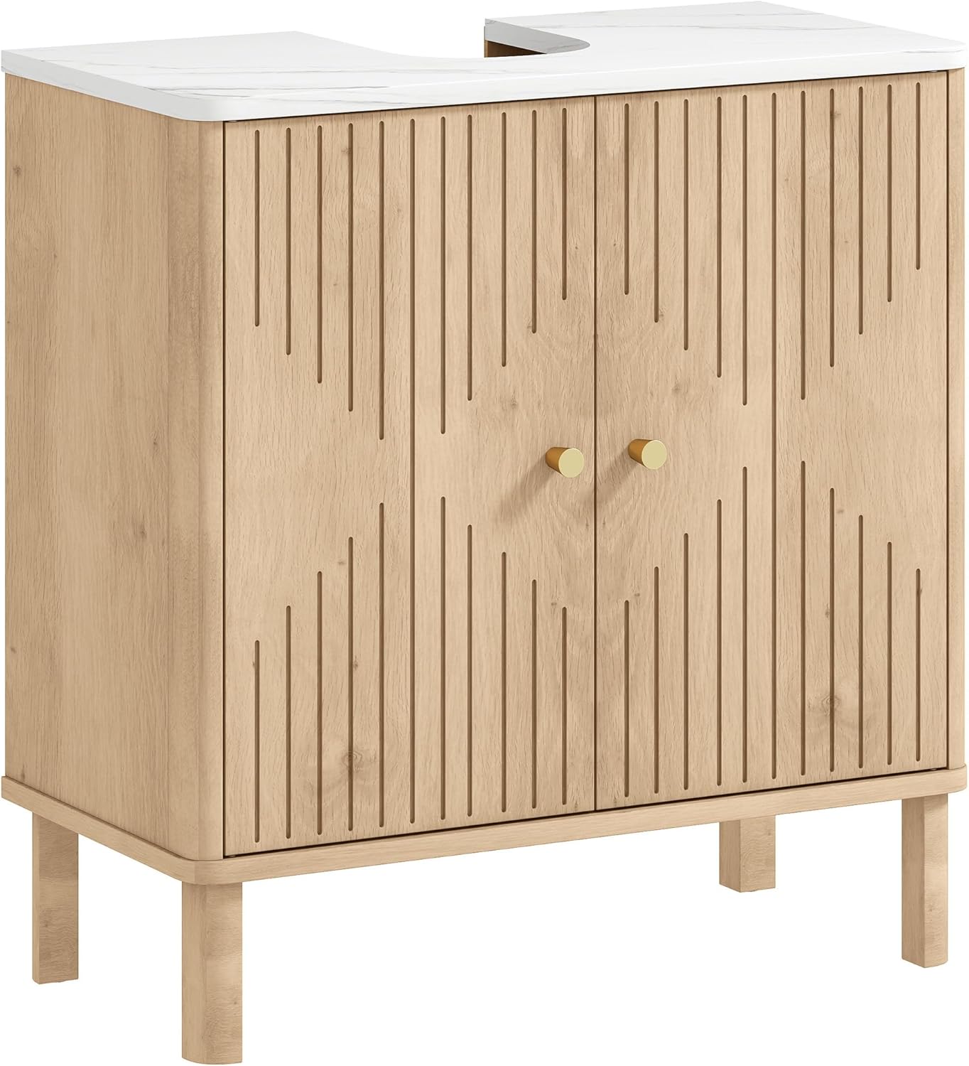 Meuble sous lavabo, Meuble de Salle de Bain sous Vasque avec étagère réglable et Plan de Toilette Effet marbre pour Vasque avec ou sans piédestal, 60 x 30 x 63 cm, chêne