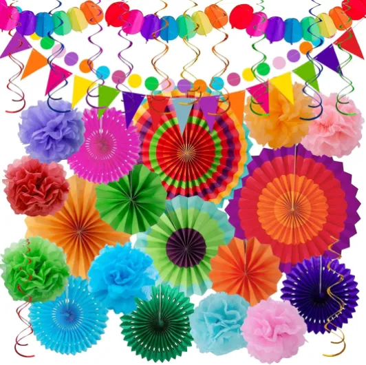 Décoration de Fête Colorée pour les Fêtes les Anniversaires et les Carnavals - 33 Pièces Avec des Éventails en Papier Suspendus, des Pompons, des Rubans en Tissu et des Guirlandes de Fanions