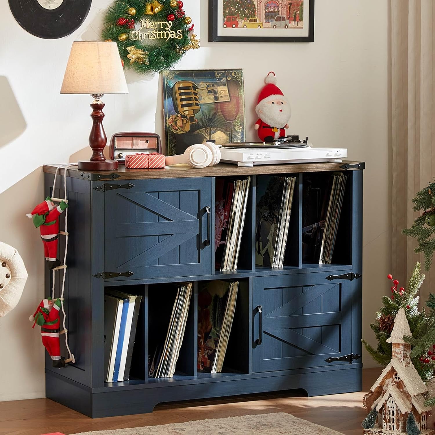 LELELINKY Meuble Tourne-Disques Vintage en Bois De Ferme avec Rangement Intégré pour 1m De Vinyles, Portes Style Grange Et Design Mid-Century - Parfait pour Votre Salon Bleu