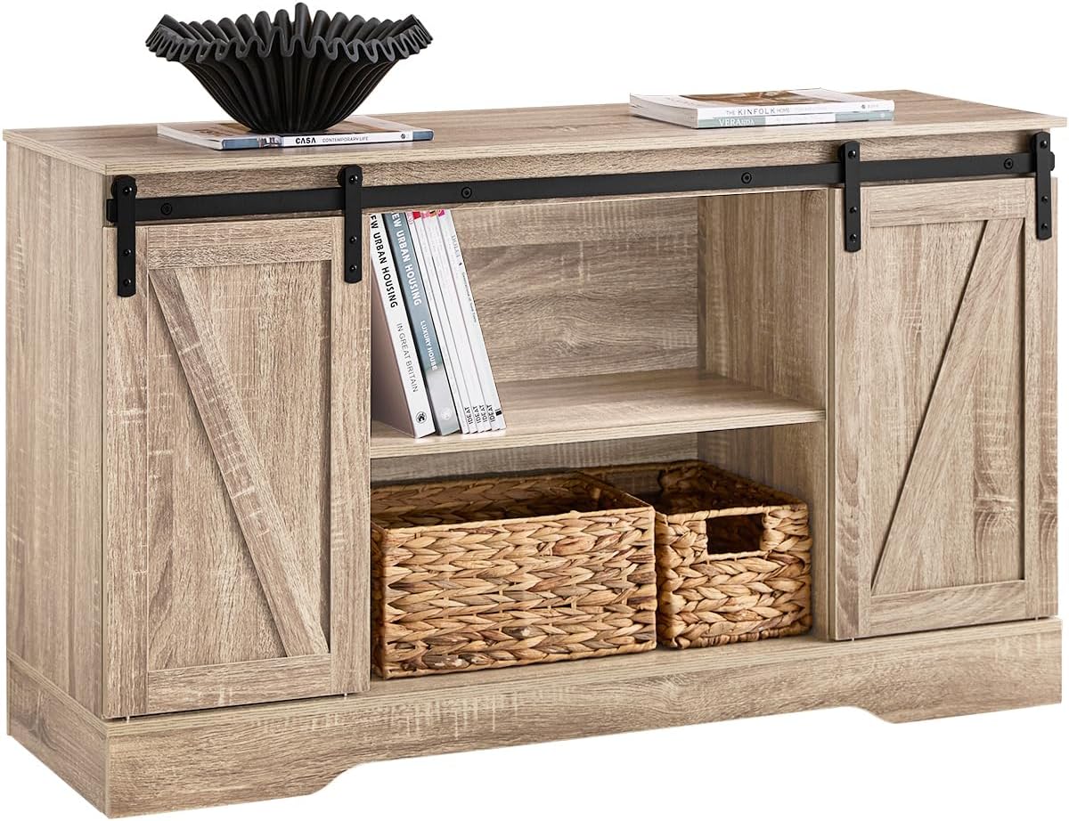 Meuble Bas Placard de Rangement Commode avec Porte de Grange Coulissante Armoire à Chaussures Commode à Chaussures, pour Salon, Couloir, Cuisine, Bureau, Chambre, 120x39x70 cm, FSB60-E