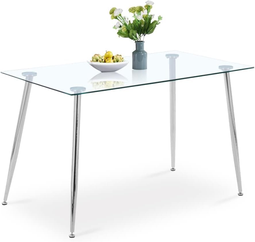 Table a Manger en Verre, Table Salle à Manger Rectangulaire avec Pieds Chromé en Métal de Cuisine, Argent