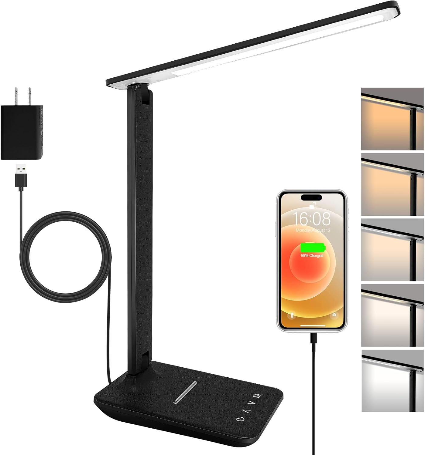 Joyshie Lampe de Bureau LED avec Adaptateur, Pliable Lampe de Chevet Dimmable avec 5 Modes de Couleur et 5 Niveaux de Luminosité, Port de Charge USB, Pour Lecture Travail (Noir) Noir-avec Adaptateur