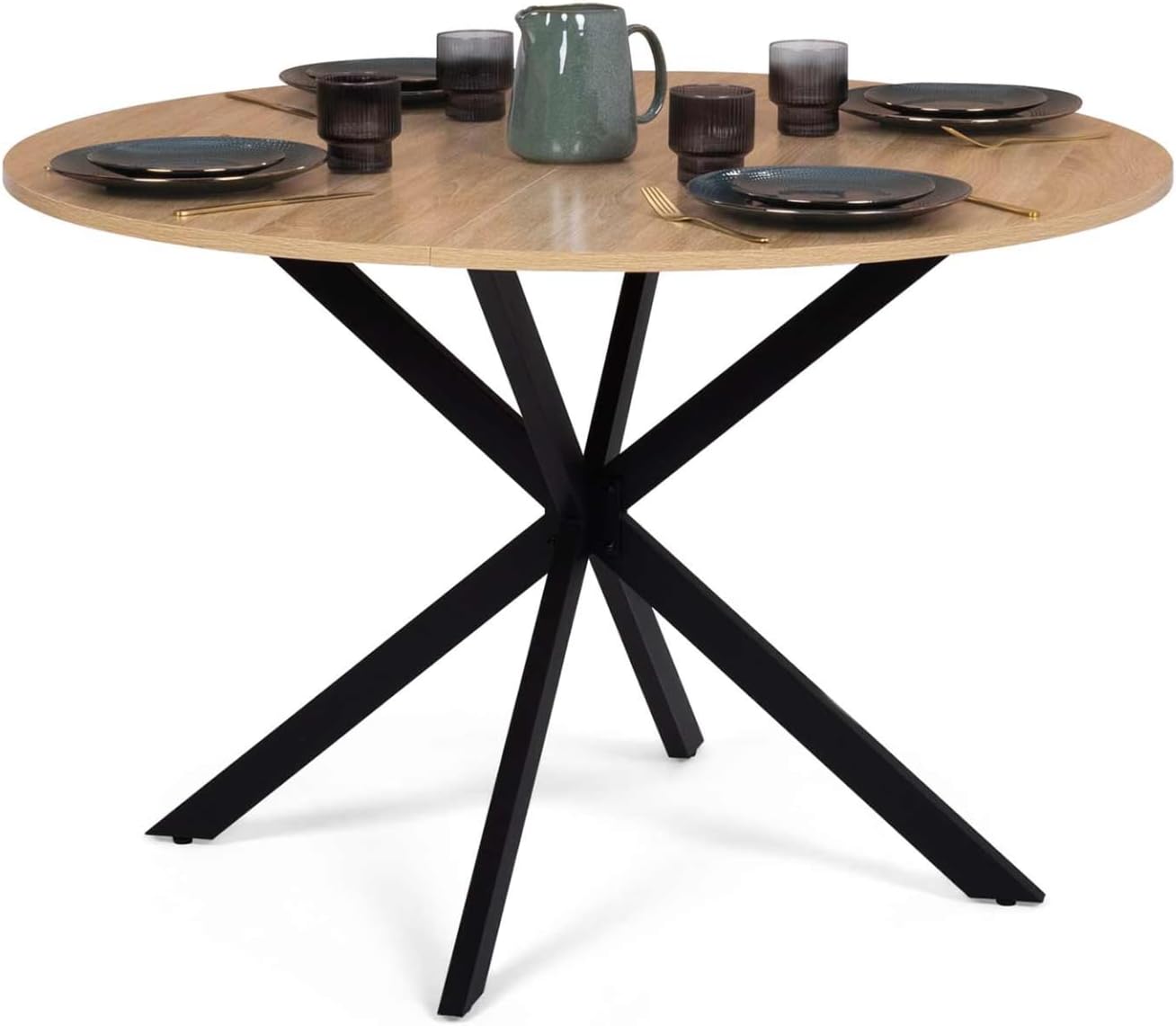 Table à Manger Ronde Alix 6 Personnes Pied araignée Bois et Noir 110 cm