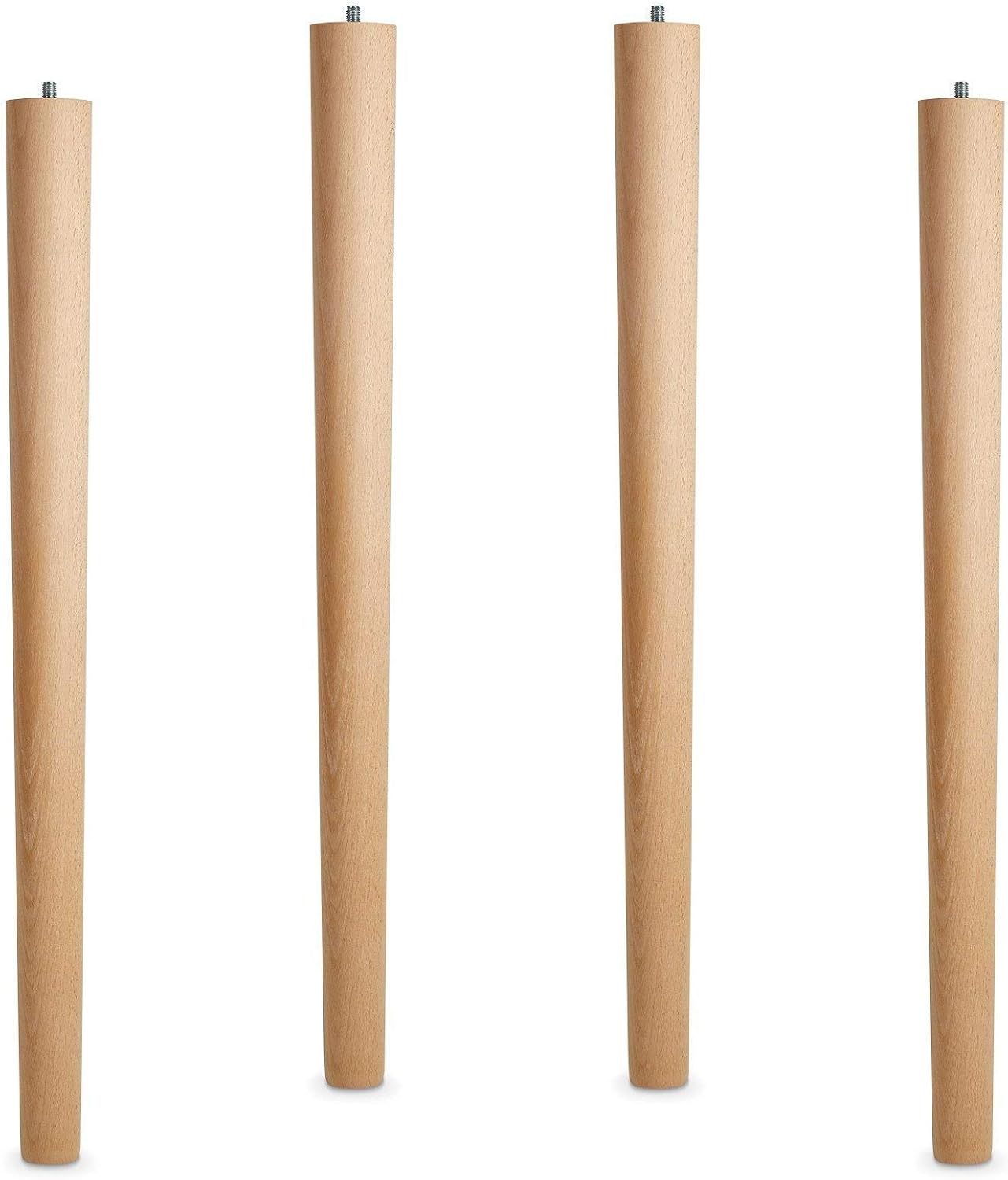 Lot de 4 x Pied de Table en Hêtre brut H 710 mm/Ø 60/40 mm avec Vis à Double Filetage M10 Idéal pour Cuisine & Tables à 4 pièces H: 710 mm