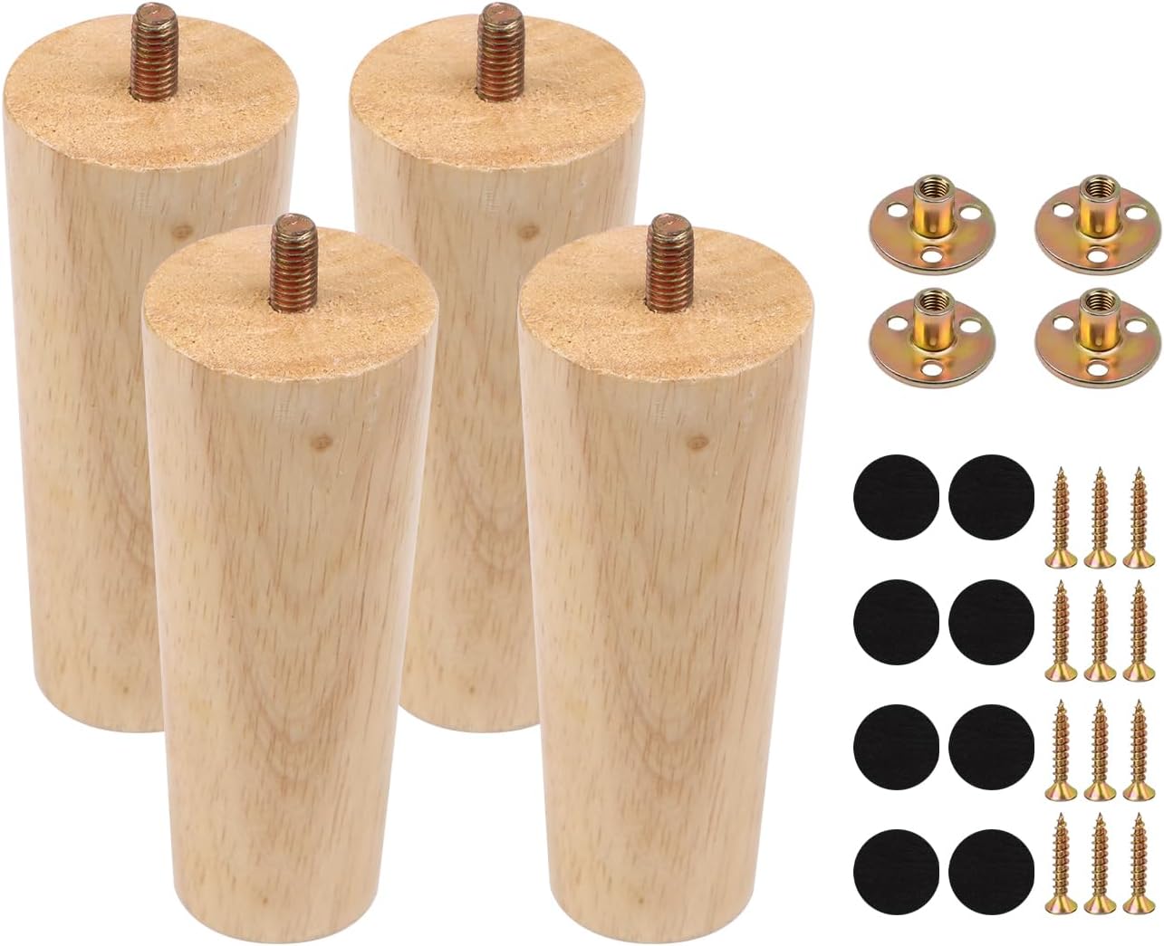 USENG 4 Pièces Pieds de Meubles en Bois 12cm avec Plaque de Montage, Vis et Tapis Antidérapant - Pour Canapé, Armoire, Table, Chaise, Bureau