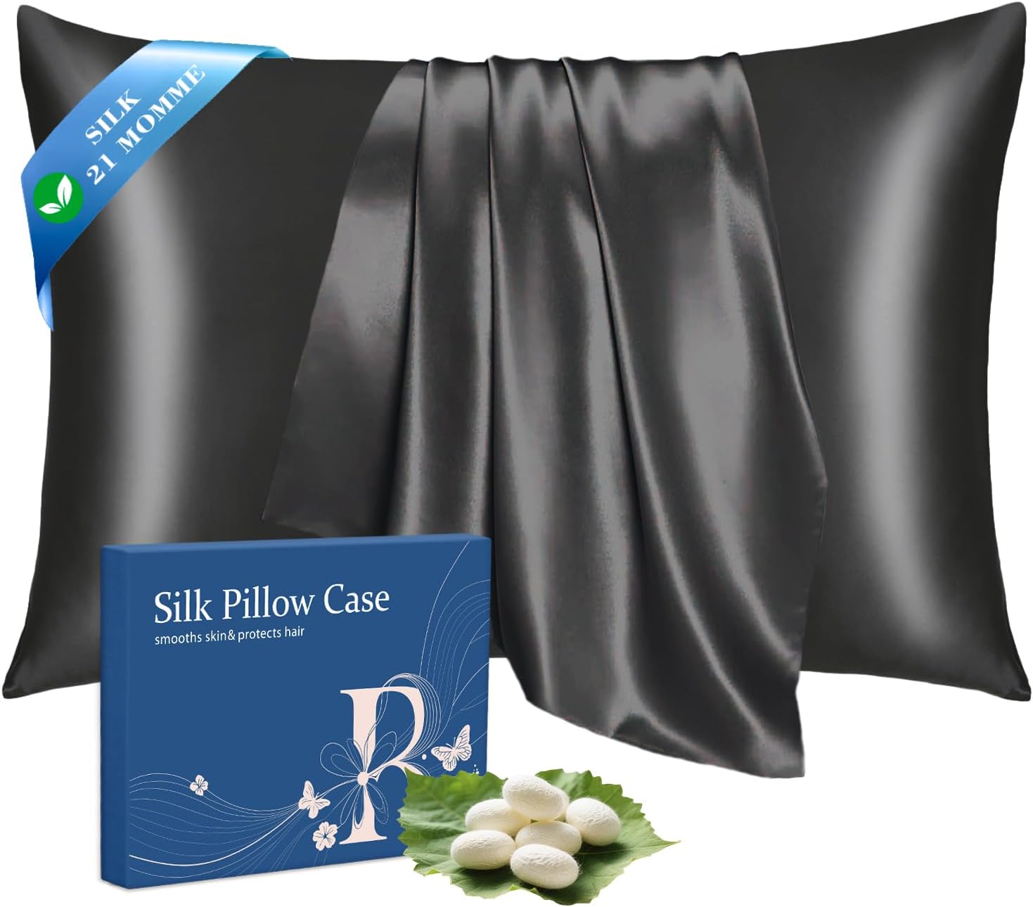 Ravmix Taie d'oreiller en Soie de mûrier 50x70 cm, Protege Oreiller 21 Momme Certifiée Oeko-TEX® Bienfaits Cheveux et Peau, avec Fermeture éclair cachée, 1 unité, Noir Noir 50x70cm