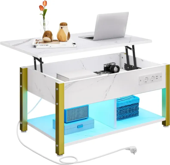 Table Basse avec Plateau Relevable, Table Basse à LED Contrôle par APP pour Salon, Bureau avec Etagère de Rangement Compartiment Caché, Marron Rustique Marbre Blanc Plateau facile à soulever