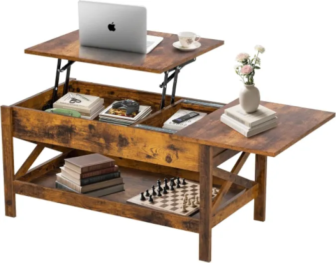 Vendricasa Table Basse, Table de Salon avec Plateau Relevable, avec Rangement Ouvert et Compartiment Caché, Design X pour Salon et Bureau et salles de réception, Marron Rustique (Brun)