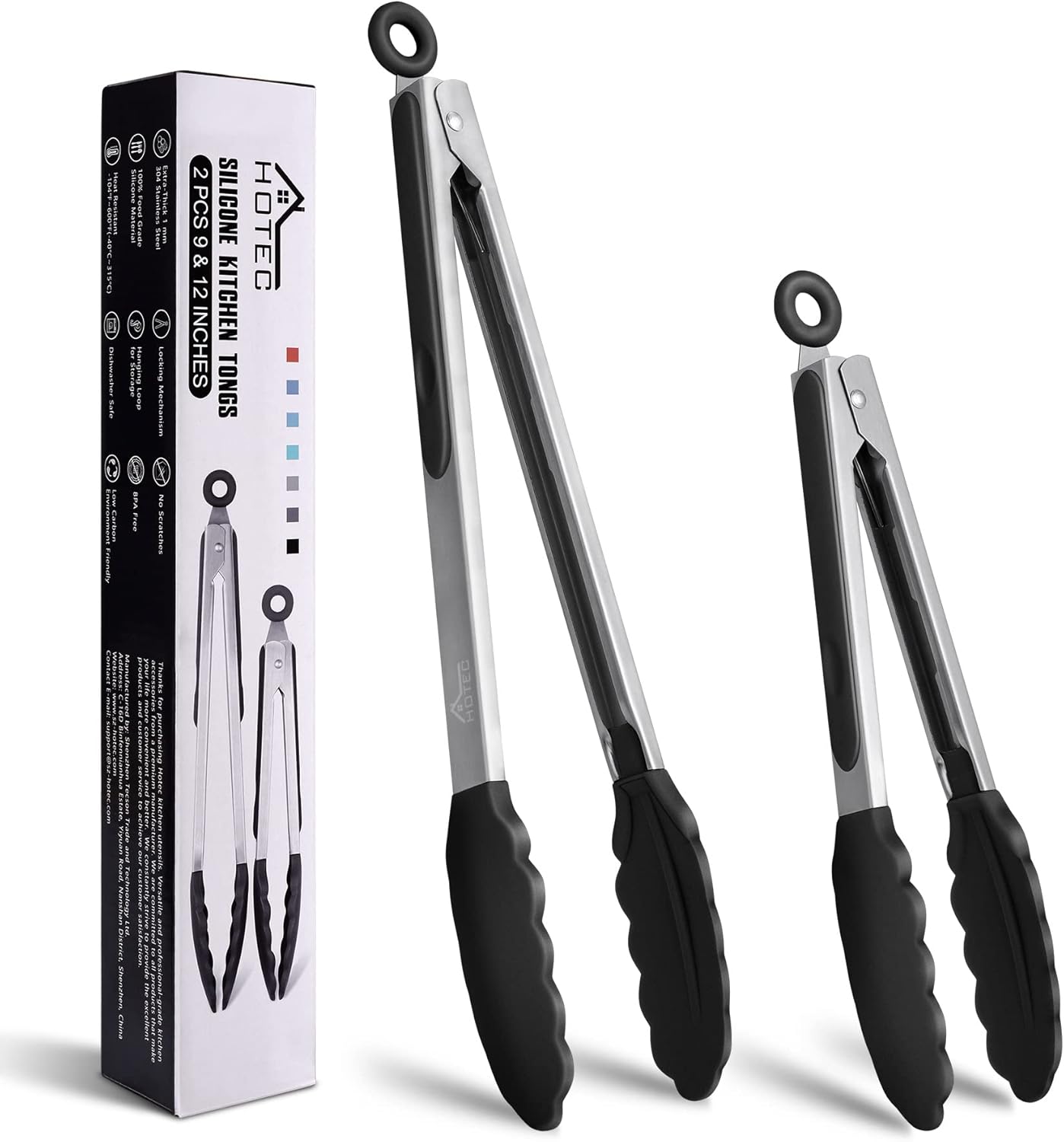 Pinces de Cuisine Verrouillables, Pince Cuisine Silicone, en Acier Inoxydable de Qualité Qupérieure avec Embouts en Silicone, lot de 2-23 cm et 30,5 cm Noir