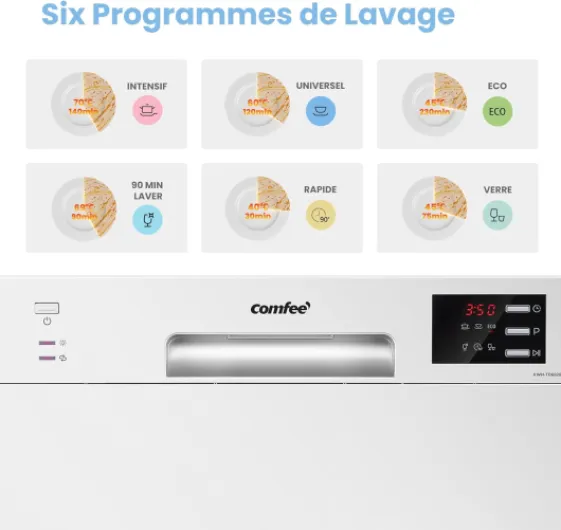 COMFEE' TD602E-W Lave-vaisselle compact pose libre, écran LED, 6,5 litres, blanc, niveau sonore : 47 dB