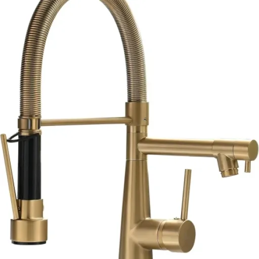 Test TIMACO Robinet de cuisine doré brossé : un mitigeur double bec pratique mais pas parfait